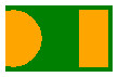 A green rectangle with part of an orange circle on its left side and an orange rectangle on its right side